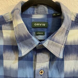 Orvis Men's Active Fit Blue And White Color Block‎ Short Sleeve Button XL